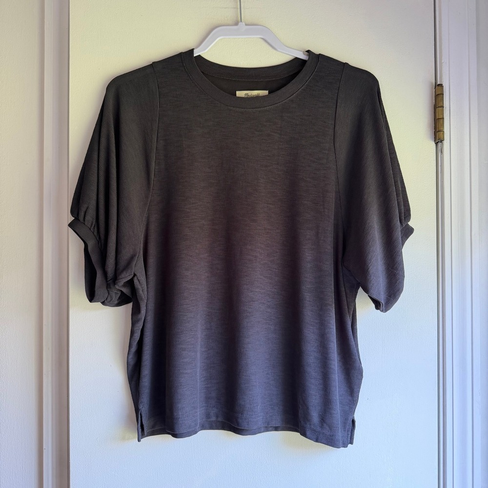 Madewell Ribbed Puff Sleeve Top Charcoal Gray Crew Neck ND847 Womens Medium NEW